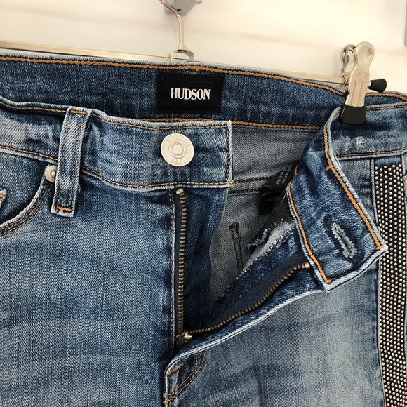 Hudson Distressed Silver Studded Light Blue Stretchy Skinny Jeans - Picture 6 of 9